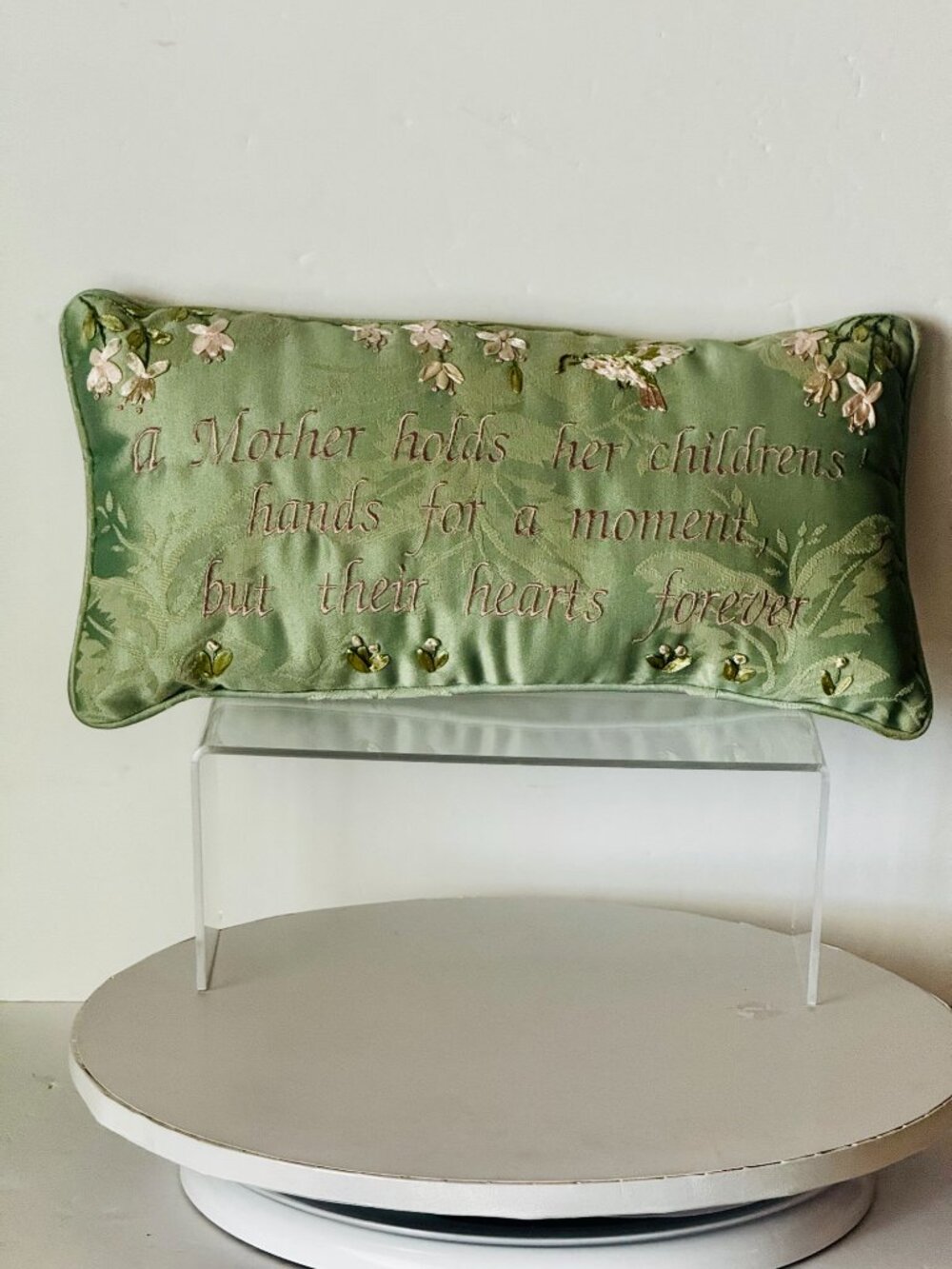 Vtg Green Brocade Throw Pillow 14x7.5" Accent Floral Ribbon Embroidery "Mother C